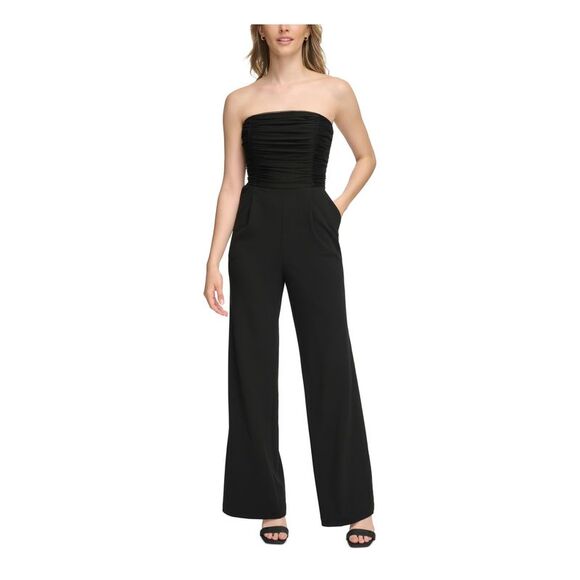 CALVIN KLEIN Womens Black Ruched-bodice Straight Leg High Waist